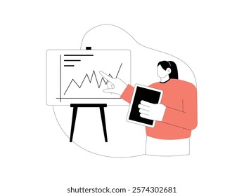 Business Leadership. Vector illustration in flat style of a female office worker is doing a presentation, she is also carrying a tab in her hand.
design, vector, illustration