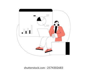 Business Leadership. Vector illustration in flat style of a female office worker is sitting with her laptop on her lap, she is also doing a presentation.
design, vector, illustration