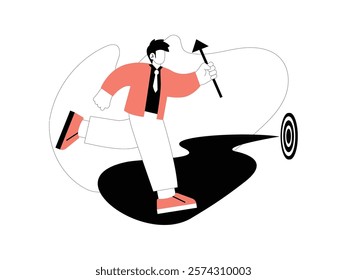 Business Leadership. Vector illustration in flat style of an office worker man wearing a uniform is running a little while carrying an arrow towards his destination.
design, vector, illustration