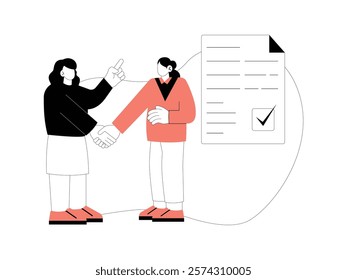 Business Leadership. Vector illustration in flat style of two office workers shaking hands as they deal with an employment contract.
design, vector, illustration