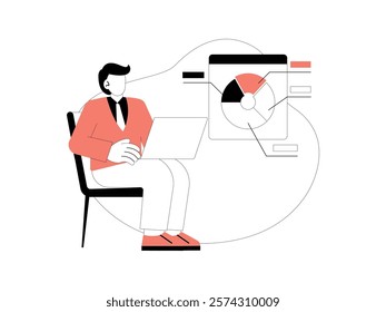 Business Leadership. Vector illustration in flat style of a man working in an office sitting on a chair with his laptop on his lap, doing his work for the day.
design, vector, illustration