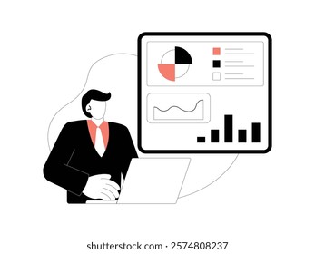 Business Leadership. Vector illustration in flat style of male office worker in uniform sitting while working on his laptop.
design, vector, illustration