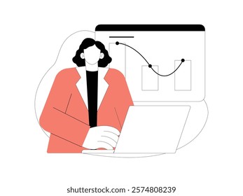 Business Leadership. Vector illustration in flat style of female office worker wearing a uniform working on her laptop, she is also presenting her work.
design, vector, illustration