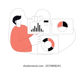 Business Leadership. Vector illustration in flat style of male office worker wearing a uniform is working with his tab, he is standing while explaining about his work.
design, vector, illustration