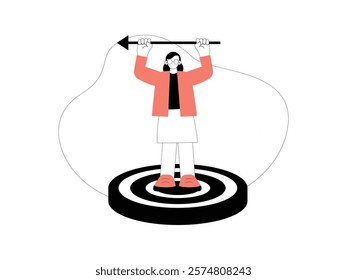 Business Leadership. Vector illustration in flat style of female office worker wearing uniform and glasses standing holding an arrow.
design, vector, illustration