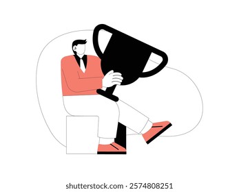 Business Leadership. Vector illustration in flat style of a male office worker in uniform sits holding a large trophy, rewarded for his hard work.
design, vector, illustration