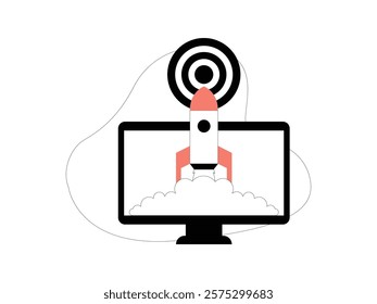 Business Leadership. Vector illustration in flat style of the computer screen is displaying a rocket heading towards its destination, like a successful job.
design, vector, illustration