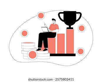 Business Leadership. Vector illustration in flat style of male office employee is sitting on a chart analysis which also has a trophy, he is also holding his laptop while completing his work.