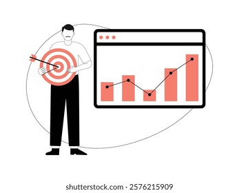 Business Leadership. Vector illustration in flat style of  male office employee, standing in front holding a dart, next to him is a large screen displaying analysis that exceeded the target.