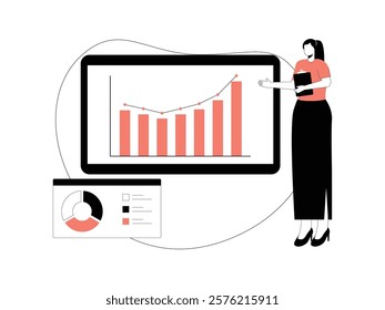 Business Leadership. Vector illustration in flat style of female office employee, wearing uniform, standing in front of a presentation about the office's increasing projects.
design, vector