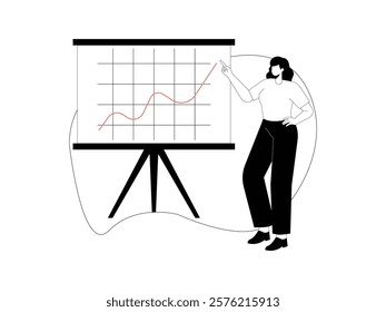 Business Leadership. Vector illustration in flat style of female office employee, wearing a uniform, standing in front of a presentation about her work.
design, vector, illustration