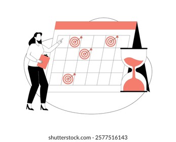 Business Leadership. Vector illustration in flat style of female office employee is standing while pointing to a large calendar that has shown the appropriate target.
design, vector, illustration