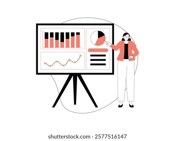 Business Leadership. Vector illustration in flat style of a female office employee is standing while presenting, beside her is also a large monitor displaying a data analysis.
design, vector