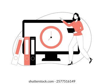 Business Leadership. Vector illustration in flat style of a female office employee stands holding a note, next to her is a large monitor displaying a clock.
design, vector, illustration