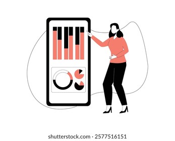 Business Leadership. Vector illustration in flat style of A female office employee stands facing a large smartphone, its screen displaying a data analysis.
design, vector, illustration