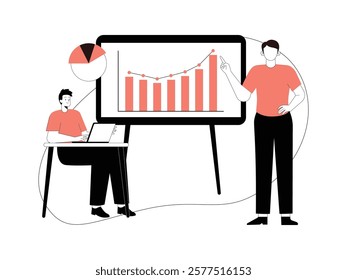 Business Leadership. Vector illustration in flat style of male office employee, standing in front of a presentation and his male office mate sitting while taking important notes on his laptop.