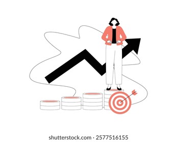 Business Leadership. Vector illustration in flat style of female office employee, standing on a round staircase with darts and darts.
design, vector, illustration