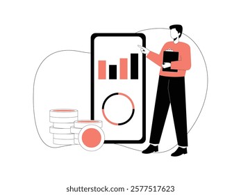 Business Leadership. Vector illustration in flat style of a male office employee is standing while presenting, beside him is also a large smartphone displaying data analysis.
design, vector