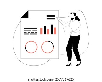 Business Leadership. Vector illustration in flat style of female office employee presenting, next to her is a large note displaying data analysis.
design, vector, illustration