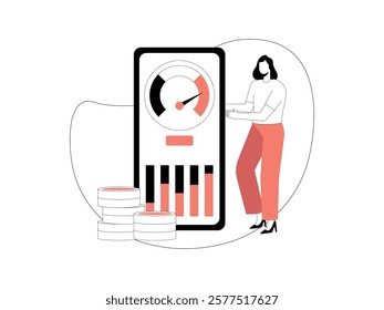 Business Leadership. Vector illustration in flat style of a female office employee is standing while presenting, beside her is also a large smartphone displaying data analysis.
design, vector