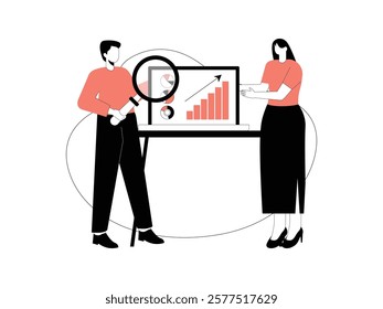 Business Leadership. Vector illustration in flat style of female and male office employees are presenting, next to them is a large laptop monitor displaying data analysis.
design, vector, illustration