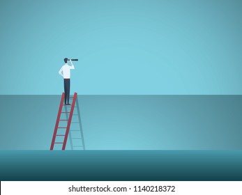 Business leadership, visionary, career vector concept. Businessman on corporate ladder with telescope. Symbol of new opportunities, vision, success, leader. Eps10 vector illustration,