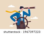 Business leadership and visionary to lead company success, career direction or work achievement concept, smart businessman boat captain control steering wheel helm with telescope vision.