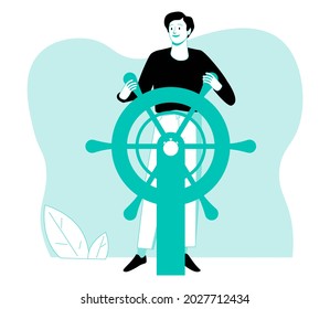 Business leadership and visionary to lead company success, career direction or work achievement concept, smart businessman boat captain control steering wheel helm with telescope vision.