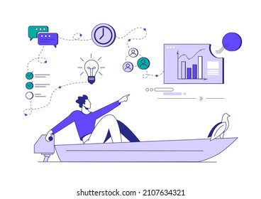 Liderazgo empresarial y visionario para liderar el éxito de la empresa, la dirección de la carrera o el concepto de realización del trabajo. Empresarios en barco navegando en dirección al éxito