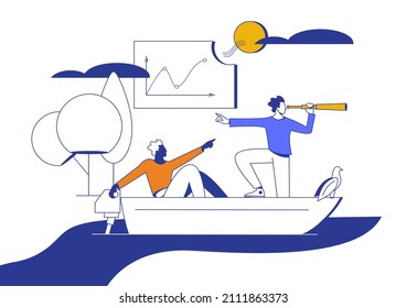 Business leadership and visionary to lead company success, career direction or work achievement concept. Two businessmen in boat sailing in the direction of success