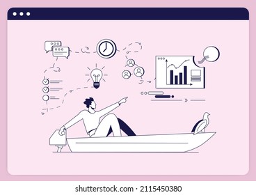 Business leadership and visionary to lead company success, career direction or work achievement concept. Businessmen in boat sailing in the direction of success