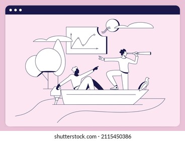 Business leadership and visionary to lead company success, career direction or work achievement concept. Two businessmen in boat sailing in the direction of success