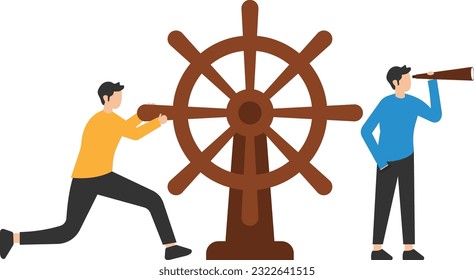 Business leadership and visionary to lead company success, Career direction or work achievement, Captain control steering wheel with telescope vision
