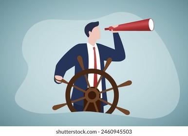 Business leadership and visionary to lead company success, career direction or work achievement concept, smart businessman boat captain control steering wheel helm with telescope vision.