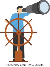 Business leadership and visionary to lead company success, career direction or work achievement concept, smart businessman boat captain control steering wheel helm with telescope vision.

