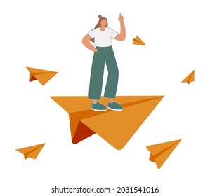 Business leadership, woman power to lead company to achieve target, smart confidence businesswoman standing on leading flying paper airplane origami pointing finger to the direction to reach goal.