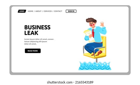 Business Leak And Bankruptcy Of Company Vector. Business Leak Financial Problem, Shocked Young Businessman On Chair Safe From Flood. Character Emergency And Safety Web Flat Cartoon Illustration