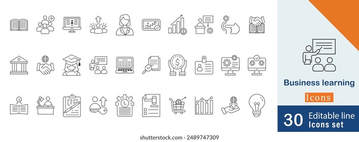 Business Learning editable stroke  icon set . with Market Research, Strategy Planning, Financial Analysis, Global Business and more line icons