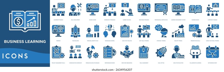 Business Learning icon. Leadership Training, Skill Development, Online Course, Workshop Attendance, Career Coaching and Mentorship Program