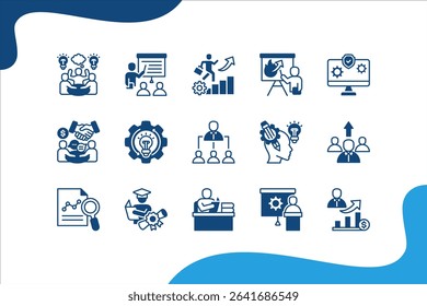 Business Learning icon set with Learning, Training, Course, Workshop, Education, Management, Leadership.
