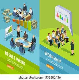 Business learning isometric vertical banners with place for staff coaching and teaching for work summary vector illustration