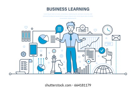 Business learning, online education, training, distance learning, technology, knowledge, teaching. Illustration thin line design of vector doodles