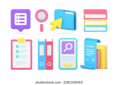 Business learning searching information book folder office paperwork set 3d icon realistic vector illustration. Brainstorming financial analyzing planning studying to do list online smartphone app