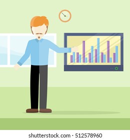 Business lecture concept vector. Flat design. Man holding seminar near monitor with infographics. Certification training in office. Illustration for educational companies, career courses ad.  