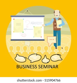 Business lecture concept vector. Flat design. Man holding seminar near board with explanatory documents. Certification training in office. Illustration for educational companies, career courses ad.  