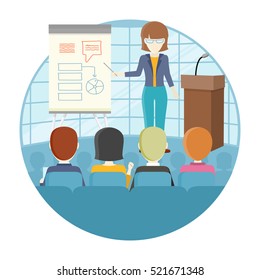 Business lecture concept vector. Flat design. Woman holding seminar near board with infographics. Certification training in office. Illustration for educational companies, career courses ad.  