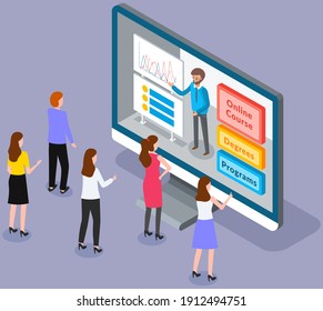 Business lecture with instructor and students. Man teacher conducts a seminar remotely online use charts and teaching statistical analysis. Workshop trainer explaining presentation on laptop screen