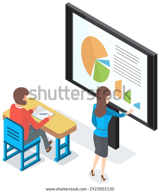 Business lecture with mentor and male student,\
seminar. Woman teacher using interactive whiteboard with charts\
teaching statistical analysis. Business trainer explaining change\
in development\
process