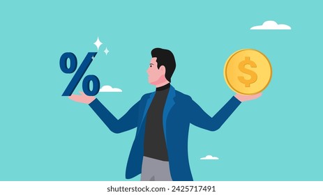 business lending, debt or financial credit, investment concept, business loan funds for capital or investment, mortgage or loan interest rate, businessman holding dollar money coin and percentage