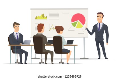 Business lesson. Teacher Manager learning on lecture office presentation concept marketing plan on whiteboard vector meeting peoples